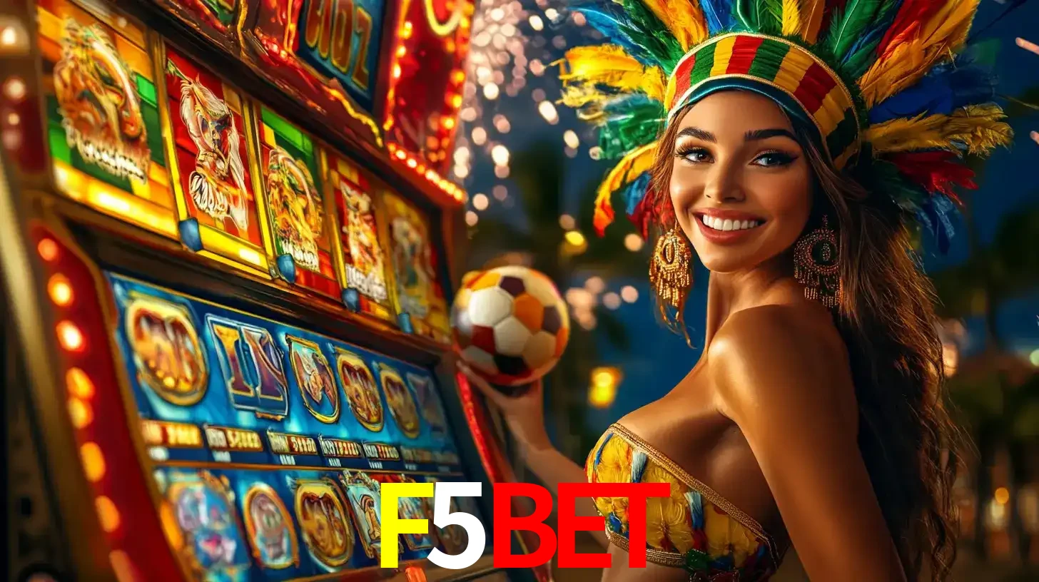 Mulher com um cocar de carnaval ao lado de uma máquina de caça-níqueis enquanto segura uma bola de futebol, mostrando a união da diversão de cassino e esportes no F5BET.