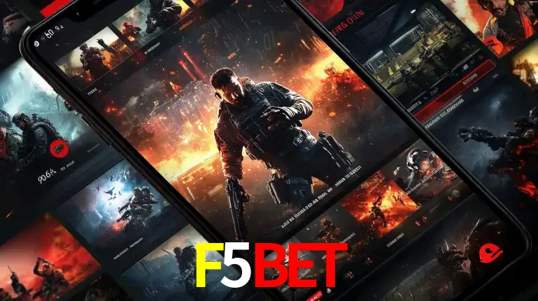 Tela de um celular exibindo uma galeria de jogos de tiro com temática militar, mostrando a variedade de e-sports disponíveis para apostas na plataforma de entretenimento F5BET.