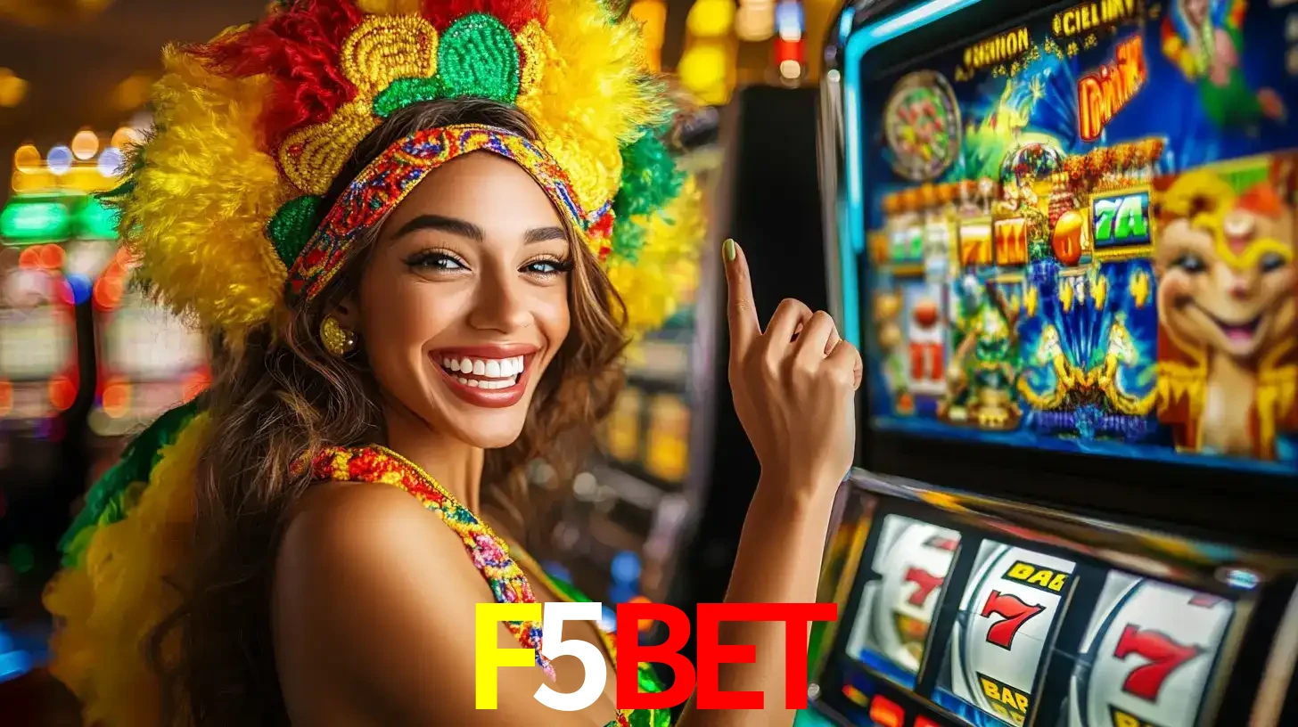 Mulher animada com um cocar de carnaval apontando para uma máquina de caça-níqueis, mostrando a emoção de ganhar um grande prêmio nos jogos do F5BET.