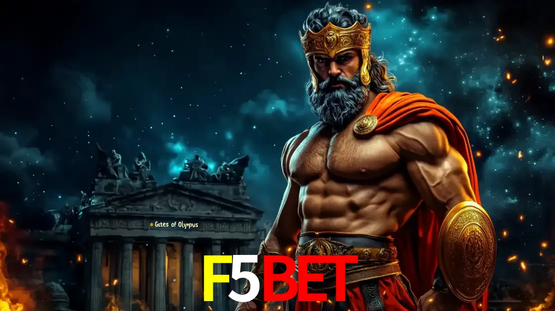 O poderoso Zeus do jogo de slot Gates of Olympus em frente ao seu templo, pronto para lançar multiplicadores divinos e prêmios épicos no cassino online F5BET.