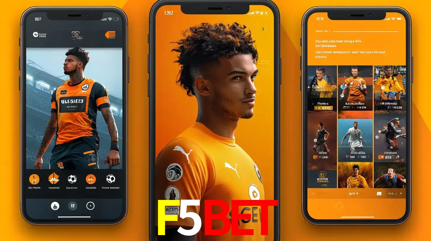 Interface do aplicativo de apostas esportivas F5BET em três telas de celular, mostrando o perfil de um jogador de futebol e a lista de jogos disponíveis para apostar.