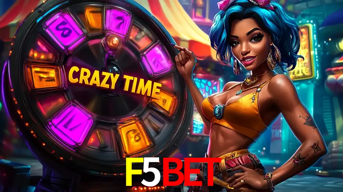 Mulher estilizada com cabelo azul e visual vibrante posando ao lado da roda de prêmios do game show Crazy Time, convidando para a diversão e os bônus do cassino F5BET.