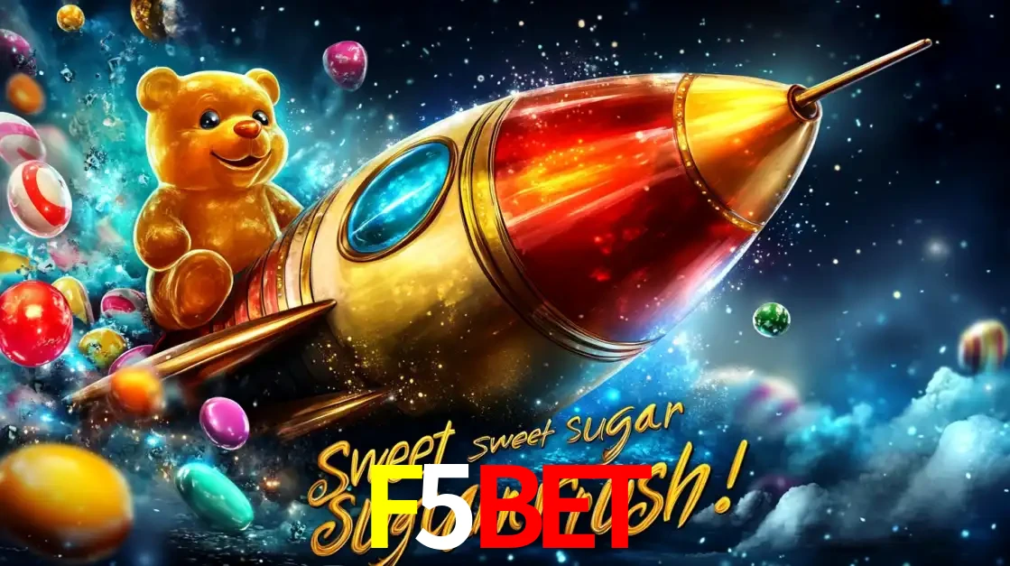 Arte promocional do jogo de slot Sugar Rush, com um urso de pelúcia em um foguete viajando pelo espaço de doces, um dos jogos divertidos disponíveis no cassino F5BET.
