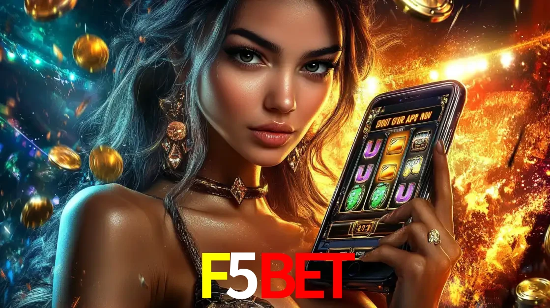 Mulher elegante mostrando um jogo de caça-níqueis em seu smartphone, destacando a experiência de cassino móvel oferecida pelo aplicativo F5BET.