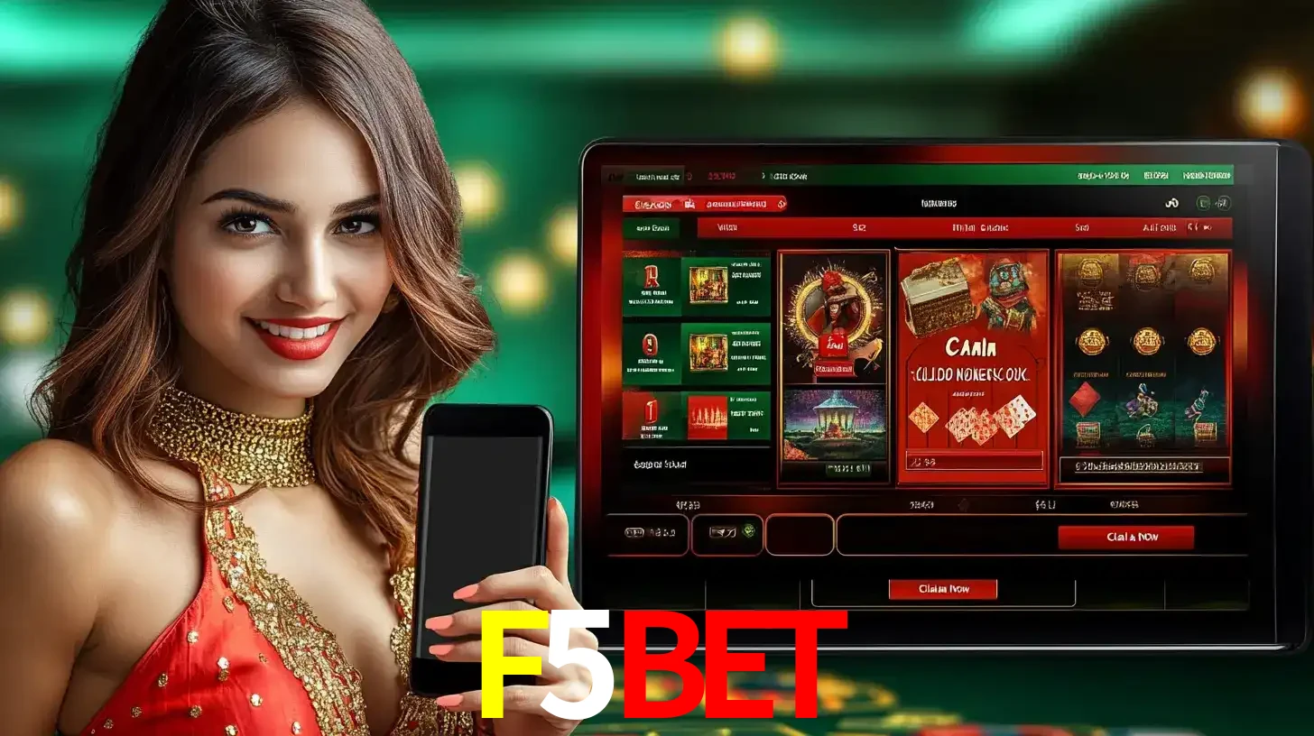 Mulher sorridente segurando um smartphone, ao lado de uma tela exibindo o lobby de jogos do cassino online F5BET, com várias opções de jogos de cartas e slots.